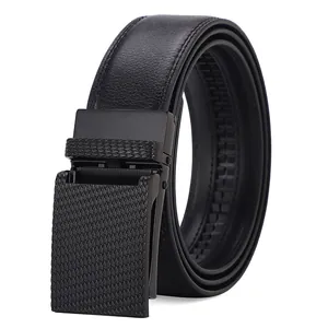 Men's premium black leather belt with automatic buckle featuring a textured lattice pattern