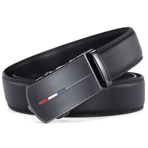 Men's premium black leather belt with automatic buckle and stylish tricolor stripes