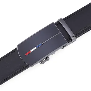Detail of black leather belt with matte metal automatic buckle and tricolor accent
