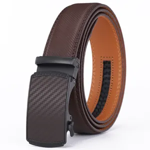 3.5cm automatic buckle leather belt for men with dark brown strap and carbon fiber texture