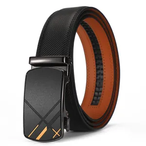 Men's leather belt with orange lining and automatic buckle featuring yellow accents