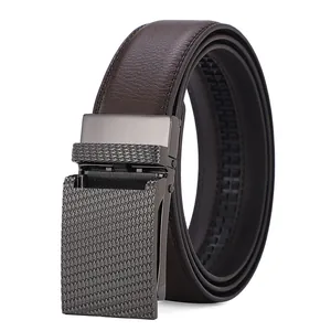 Men's dark brown leather belt with gun-gray automatic buckle and textured pattern