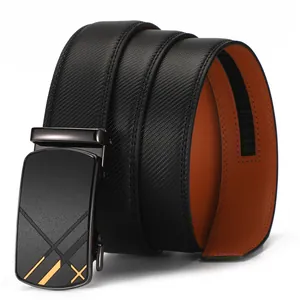 Men's black leather belt with automatic buckle featuring orange lining and geometric design