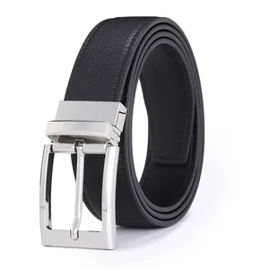 Cintura da uomo in vera pelle nera 3,3cm con fibbia ad ardiglione girevole argento