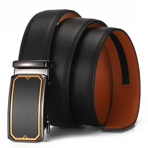Men's leather belt with black textured strap and gold-accented automatic buckle