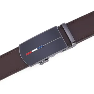 Detail of dark brown leather belt featuring a black metal automatic buckle with stripes