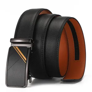 Men's automatic leather belt with black carbon fiber texture and orange lining