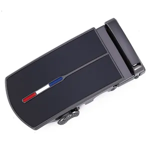 Detail of matte black alloy automatic buckle with red white blue stripe decoration