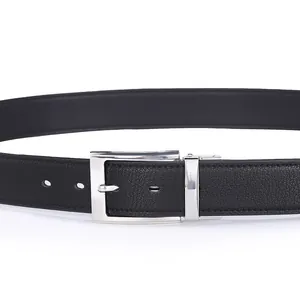 Cintura classica da uomo in pelle nera da 3,3 cm con fibbia girevole in metallo argento