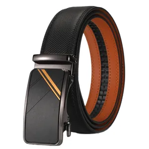 Men's leather automatic buckle belt with black grid texture and stylish metal buckle