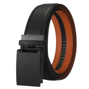 Men's premium leather automatic buckle belt with woven texture and black metal finish
