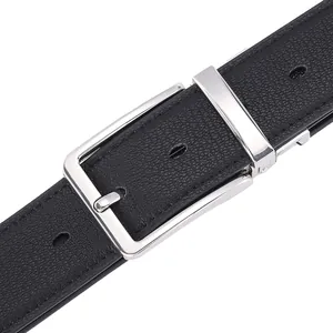 Cintura da uomo in pelle con fibbia classica in argento e trama grana litchi nera