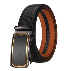 Men's leather belt with gold automatic buckle and textured black strap with tan lining