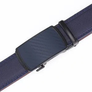 Men's 3.5cm navy blue leather belt with black automatic buckle and carbon fiber inlay