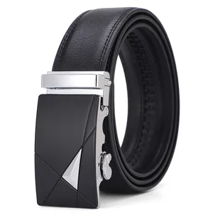Ceinture classique en cuir noir pour homme avec boucle automatique argentée