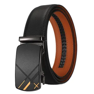 Men's leather automatic buckle belt with black woven texture and brown inner lining
