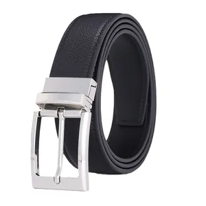 Ceinture classique pour hommes en cuir noir de 3,3cm avec boucle à ardillon rotative argentée
