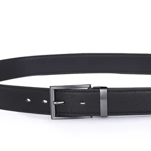 Ceinture pour homme en cuir noir véritable avec boucle en métal brossé et grain lychee