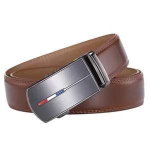Men's premium brown leather belt with matte gunmetal automatic buckle and striped detail