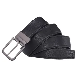 Ceinture homme en cuir véritable noir avec boucle métallique rotative et grain lychee