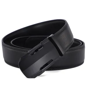 Detail view of men's genuine leather belt featuring a black textured automatic buckle