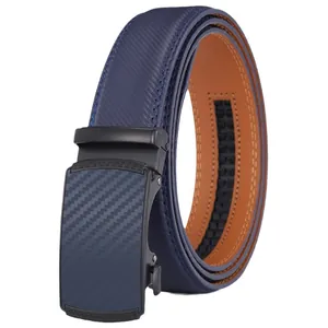 Navy blue leather belt with carbon fiber automatic buckle and patterned metal accents