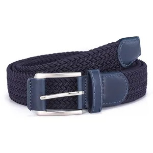 Close-up of dark blue elastic braided belt with silver brushed metal buckle texture