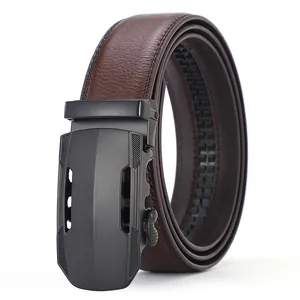 Macro shot of men's leather belt with dark brown texture and matte black automatic buckle