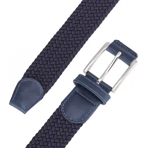 Detail of navy blue braided elastic belt with silver pin buckle and leather reinforcement