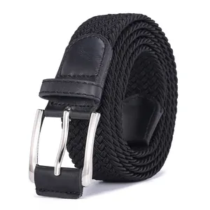Detailed close-up of black elastic woven belt with silver metal buckle and leather trim