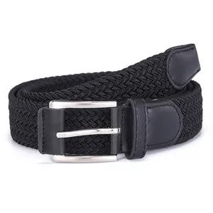 Black elastic woven stretch belt with silver square pin buckle and leather accents
