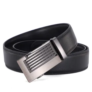 Close-up of black genuine leather belt with brushed metal automatic buckle for men