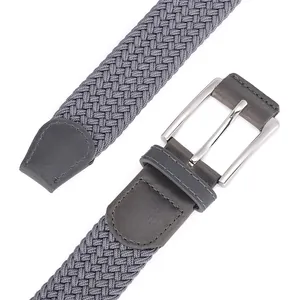 Grey elastic braided belt for men and women with polished silver pin buckle and faux leather