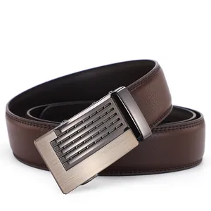 Close-up of premium dark brown leather belt with modern gunmetal automatic buckle