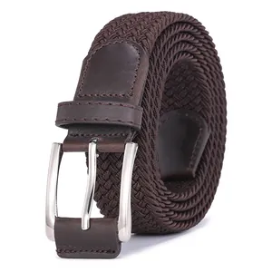 Detail view of dark brown elastic woven belt with premium silver metal pin buckle