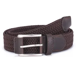 Detail of dark brown braided elastic belt with silver buckle and faux leather stitching