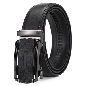 Men's 3.5cm wide black leather belt with textured automatic buckle for business casual style