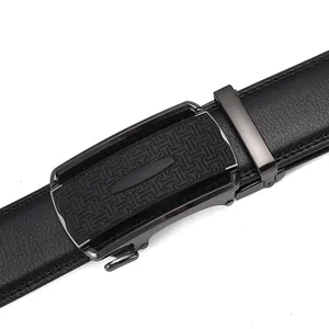 Men's black leather belt with automatic gunmetal buckle and elegant lychee texture