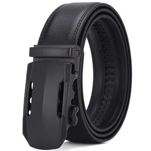 Classic men's black genuine leather belt with matte black geometric automatic buckle