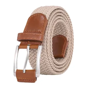 Elastic woven stretch belt with khaki fabric, brown leather trim and silver buckle