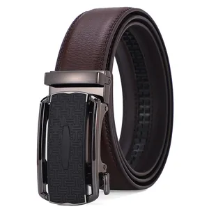 Business men's dark brown leather belt with lychee texture and automatic metal buckle