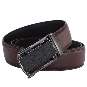 Detailed macro view of the dark brown leather texture and metal automatic buckle for men