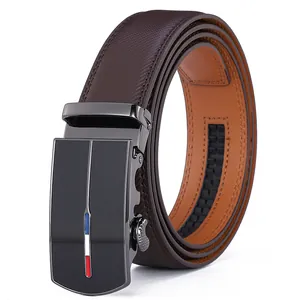 Macro view of men's leather belt with black matte automatic buckle and tri-color stripe