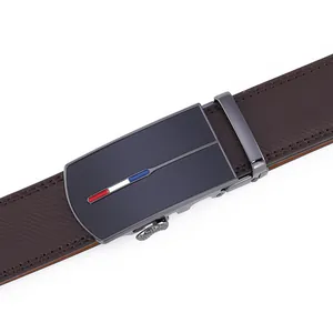 Detail of dark brown textured leather belt with sleek metal automatic buckle closure