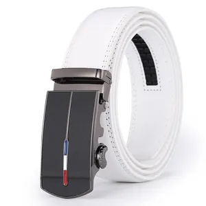 Detail of white leather belt showing stitching and gunmetal buckle with tricolor stripe