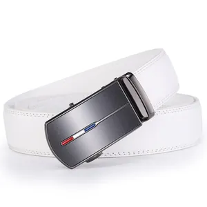 Detail of white leather belt with automatic gunmetal buckle and tricolor stripe