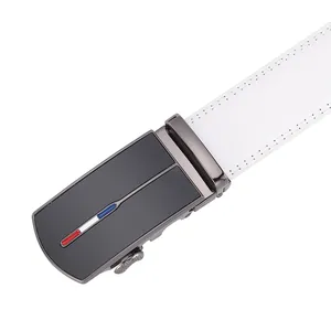 Detail of white leather belt with a gunmetal automatic buckle featuring tricolor stripes