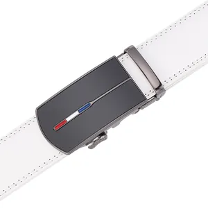 Detail of white leather belt with automatic gunmetal buckle and tricolor stripes