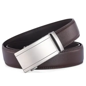 Ceinture homme en cuir marron foncé avec boucle automatique en métal brossé argenté