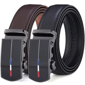 Men Split Cowhide Leather Belt With Automatic Alloy Buckle Stylish Business Casual Waistband Striped Design Embossed Texture Men Fashion Accessories